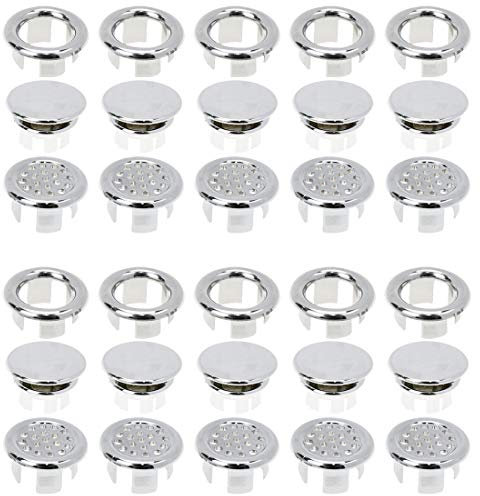 Semetall 30 anillos de desbordamiento para lavabo de baño, tapas redondas de repuesto de cerámica para fregadero de baño, tapas redondas insertadas en el agujero (plateado)