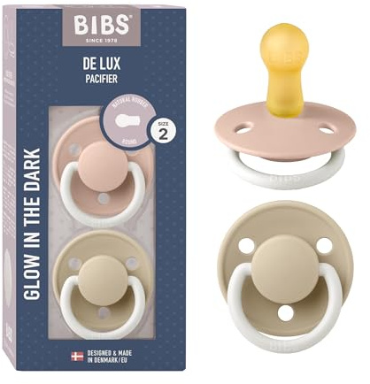 BIBS De Lux Glow Schnuller 2er-Pack, BPA-frei. Leuchtet im Dunkeln, Kirschform Nippel. Naturkautschuk/Latex, Hergestellt in Dänemark. 6-18 Monate (2er Pack), Blush NIGHT/Vanilla NIGHT