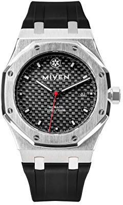 MIYEN MUNICH Monaco Herren Uhr – Karbonziffernblatt mit Miyota Quarz Präzisionslaufwerk Saphirglas & Datumsfunktion – Silber Uhr Herren