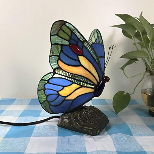 Blaue Schmetterling Buntglaslampe, Tiffany Stil Schmetterlingslampe, Tisch Oder Schreibtischlampe Für Mädchen Schlafzimmer Dekorativ, E14,110-240V, 15 * 22Cm