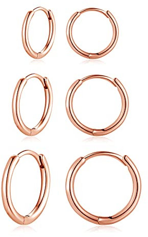 Deyanse Silver Hoops Earrings for Women, 925 Sterling Silver Rose Gold Hoop Earrings Set, Silver Small Sleeper Huggie Hinged Hoop Earrings, Hypoallergenic Unisex Hoop Earrings Set in 10, 12, 14mm