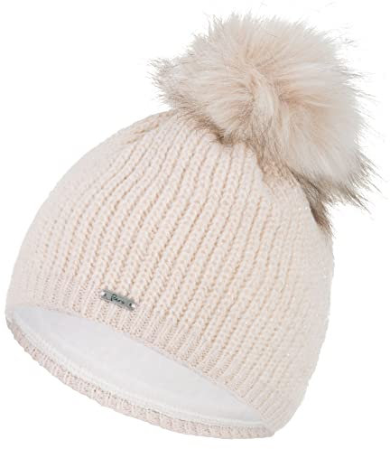 Faera Mütze Damen Glantzgarn Bommelmütze Wintermütze Leichter Glitzer gefüttert Winter Futter Beanie Mädchen 77, Farbe:Beige