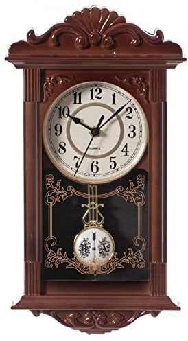 Quickway Imports Vintage Grandfather Wood- Looking Plastic Pendulum Wall Clock for Living Room, Kitchen, or Dining Room, Brown