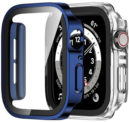 Amizee 2 Stück Hard Hülle Kompatibel mit Apple Watch Schutzhülle 44mm Series 6/5/4/SE mit Tempered Glass Displayschutz, Ultradünn Kratzfeste Schutzhülle für iWatch 44mm (Blau/Transparente)