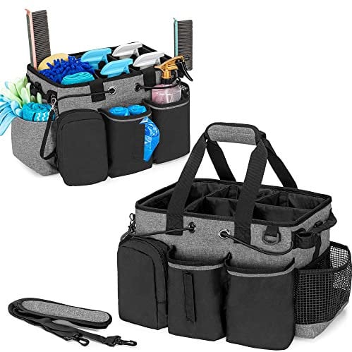 LoDrid Grand chariot de nettoyage professionnel avec séparateur amovible, organiseur de fournitures avec poignée et bandoulière, sacs de nettoyage pour femmes de ménage et nettoyeurs, noir et gris