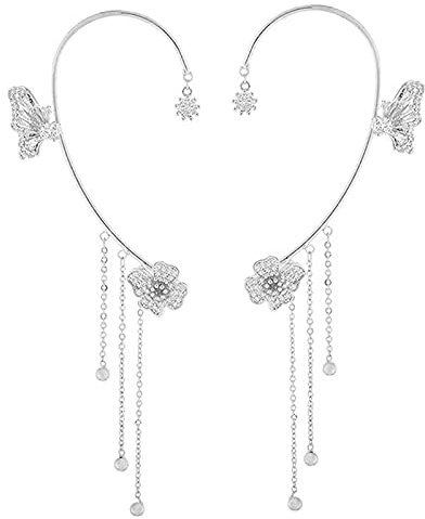 Butterfly Tassel Style Zircon Earrings,Butterfly Flowers Tassel Earrings,Long Shiny Zircon No Piercing Butterfly Ear Clips, Gold Silver Wrap Earring Women's Girls Jewelry Gift
