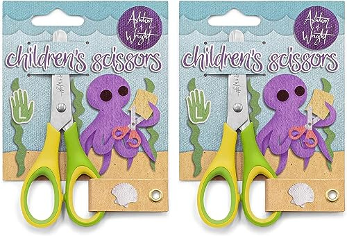 Ashton and Wright - Kids Children's Scissors 5/12cm - Soft Grip - Green and Yellow - Left Handed - Pack of 2