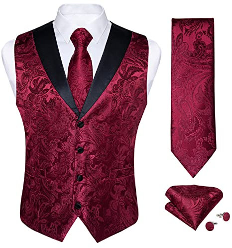 DiBanGu Paisley-Anzugweste für Herren, formelle Weste und Krawatte, Set mit Einstecktuch, Manschettenknöpfe, Hochzeit, Bussiness, Burgunderrot 0219, Large