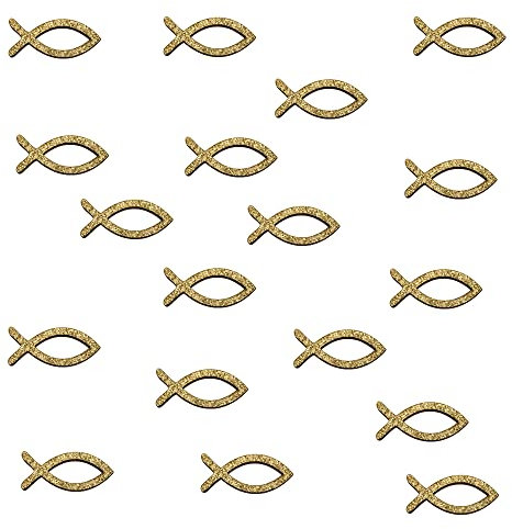 Oblique Unique® 18 Holz Fische Glitzernd Echtholz Tischdeko Taufdeko Streuartikel Streudeko Verzierung für Taufe Kommunion Konfirmation Firmung (Gold)