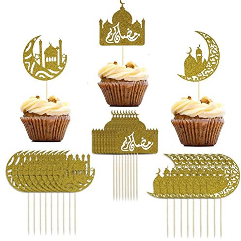 Vepoty Eid Mubarak Cake Topper 30 Stück Glitter Moon Star Cupcake Topper Dessert Cupcake Picks für islamische muslimische Partyzubehör