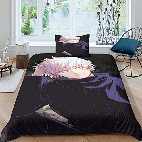 ELGISI Jujutsu Kaisen Bettbezug Und Kissenbezug Satoru Gojo Bettwäsche 3D-Digitaldruck Ultraweich Und Hypoallergen Geeignet Für Mädchen Jungen Teenager Anime Bettbezug Kissenbezüge Single(135x200cm)