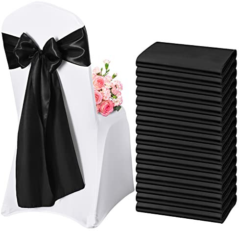 Lykoow Stuhlschärpen aus schwarzem Satin mit dekorativer Schleife, Stuhlhussen für Hochzeitsempfang, Party, Hotel, Zuhause, Küche, Dekoration, 17,8 x 274,3 cm, 60 Stück