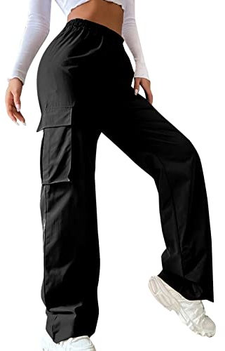 Odizli Cargohose Damen Baggy High Waist Y2K Fallschirm Hose Vintage Parachute Pants Hip Hop Freizeithose Klamotten Teenager Mädchen 90er E-Girl Streetwear Frauen Cargo Hosen mit Taschen Schwarz M