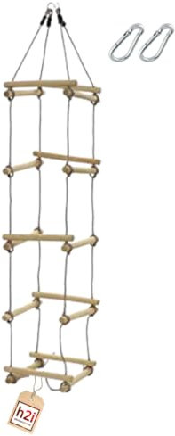 h2i Strickleiter für Kinder | Kletterleiter mit 5 Holzsprossen | 4-seitige Hängeleiter aus Holz | Seilleiter inkl. Karabiner | Outdoor Kletterspielzeug