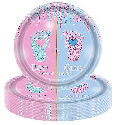 COSORO 16Pcs Baby Shower Gender Reveal Paper Plates 7'' for Baby Girl Boy,Gender Reveal Party Tableware Disposable Plates,Baby Reveal Dessert Plates for Girls,Boys Gender Reveal Party Table decor