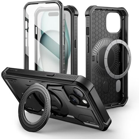 Dexnor Kompatibel mit iPhone 15 Hülle[Eingebauter Displayschutz und Kickstand], Heavy Duty Military Grade Schutz Stoßfeste Schutzhülle Kompatibel mit iPhone 15 - Schwarz