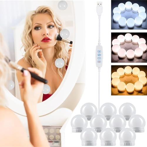 Funmo Led Spiegelleuchte, 10 Dimmbar Schminklicht Hollywood Stil Spiegellampe, 3 Farben LED Spiegelleuchte Make Up Licht für Schminkspiegel Bad Schminktisch Spiegel Beleuchtung