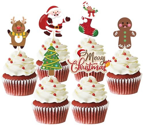 Moitkptt 24 Stück Weihnachten Cupcake Toppers, Weihnachtsmann Tortendeko Weihnachten, Lebkuchenmann Kuchen Deko Weihnachten für Neujahr Party, Weihnachtsfeier Deko (Weihnachtsmann)