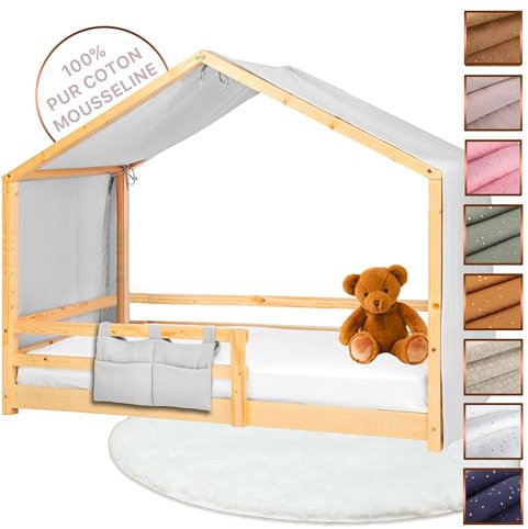 Lovely Hippo Hausbett Himmel - 100% Baumwolle Betthimmel Hausbett aus Musselin - Bett Vorhang Kinderbett - Himmelbett Vorhänge für 90x200 (Grau Tasche, 97 x 402cm)