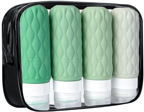 100ML Flacons de Voyage en Silicone avec étiquette, Lot de 4 Contenant Voyage avec Trousse de Toilette, Flacon Voyage Rechargeable et Kit Voyage produit Toilette pour Shampooing Conditionneur