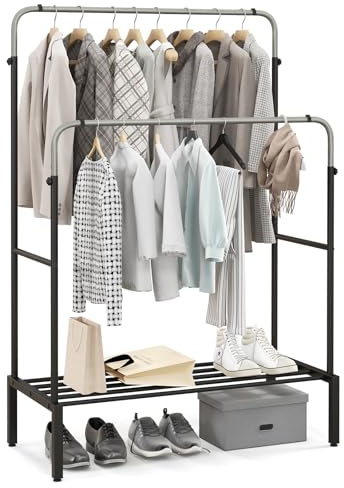 COSTWAY Double Clothes Rail, Height Adjustable Metal Garment Rack Clothes Stand with Storage Shelf, Display Coat Hanger Clothing Hanging Rails for Bedroom (without 3-Tier Shelves and 4 Wheels, Silver)
