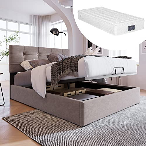 BettrahmenHydraulisch Einzelbett Polsterbett 90x200cm,Verstellbares Kopfteil, Bett mit Lattenrost aus Metallrahmen, Samt, Modernes Bettgestell mit Stauraum, Hellgrau(Inklusive Matratze)(5-7 Tage)