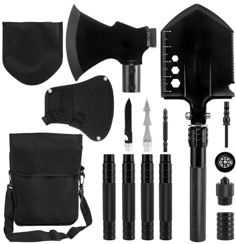 Survival Shovel Survival Axe, Camping Folding Shovels Hatchet with 19.2-37.8inch Lengthened Handle Enlarged Shovelhead High Carbon Steel with Storage Pouch for Camping Cycling Hiking