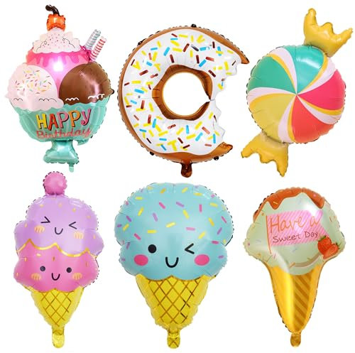 Eiscreme Donut Candy Folienballons - 6 Stück Sommer Ice Cream Thema Folienballon, Ice Cream Geburtstags Ballon, XXL Donut Ballons, Bunt Ballon für Mädchen Jungen Süßes Essen Geburtstag Sommer Party