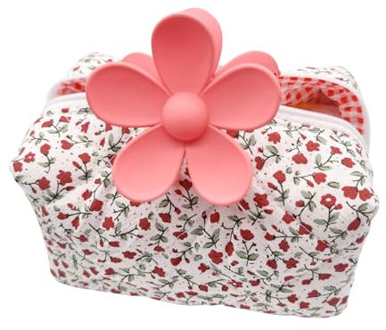 Aikeis Gesteppte Kosmetiktasche - Stilvolle Kosmetiktasche mit Floral Muster und Weichem Baumwollmaterial, Viel Platz für Make-up-Pinsel und Beauty-Utensilien (Rot)