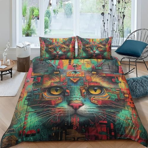 CTAMM Indian Katze God Kinder Bettwäsche 3D Print Niedliches Tier Betten Set Microfaser Bettbezug 3 Teilig Mit Reißverschluss Und Kissenbezüge,für Erwachsene Kinder King（220x240cm）