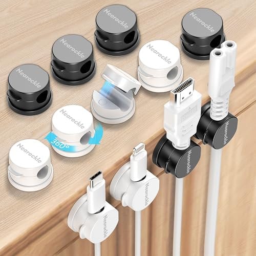12 Stück [360°Drehbar] Kabelhalter Selbstklebend Kabel Organizer, Nearockle Verbesserter Starker Magnetisch Kabelclips Kabelmanagement für Schreibtisch, Büro Kabeldurchführung (Schwarz&Weiß)