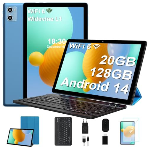 SUAAT 2025 Newest Tablet Android 14 10 Pollici 20GB RAM+128GB ROM(1TB TF), WiFi 6,Octa-Core,1.8Ghz, GMS, 8MP + 5MP, Bluetooth 5.0,OTG, Cast, Tablet PC con Custodia, Tastiera e Mouse, Blu
