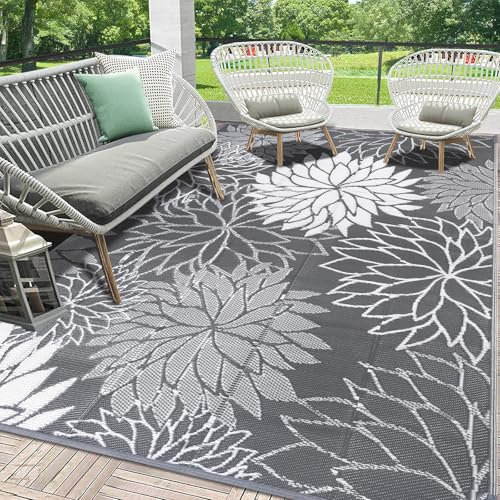 SHACOS Outdoor Teppich Wetterfest 150x240 cm Gartenteppich Balkonteppich Wasserfest Außenteppich UV-beständig Camping Teppich Picknickdecke Kunststoff Teppiche für Terrasse, Deck, Hinterhof, Grau