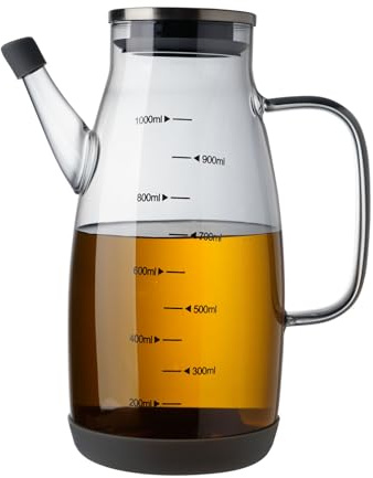 Large Glass Oil Dispenser Bottle for Kitchen Cooking Recipiente para Aceite De Cocina Olive Oil Vinegar Dispenser Cruet Lid No Drip Liquid Container (Grey, 1 Litre)