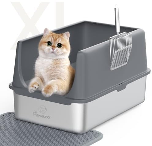 Katzenklo Edelstahl mit Deckel, 60 L x 40 W x 35 H cm XXL Katzenklo, Katzentoilette Edelstahl, Antihaft-Streuschale mit Streuschaufel und Streumatte