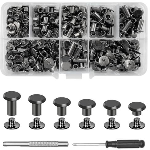 xiaoxiaozhijia 110 Stück Chicago Schrauben, M5 Schraubnieten-Set, Schraubenlänge 4/5/6/8/10/12mm,Hülsenmuttern für DIY Leder Dekoration,Bucheinband,Taschen,Schuhe und Stiefel (Gun)