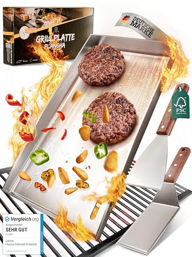 LIKAYA Plancha, piastra per barbecue in acciaio inox, 20 x 40 cm, senza deformazioni, 4 mm, con 2 spatole per barbecue con manico in legno di acacia FSC, perfetta per smash hamburger, verdure e molto