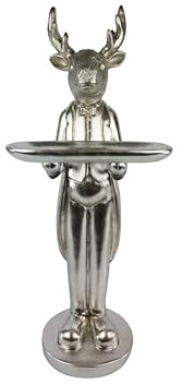 Generisch großer Butler Hirsch silberfarben 67 cm hoch mit Tablett im Metallic-Look Deko Weihnachten Weihnachtsdeko
