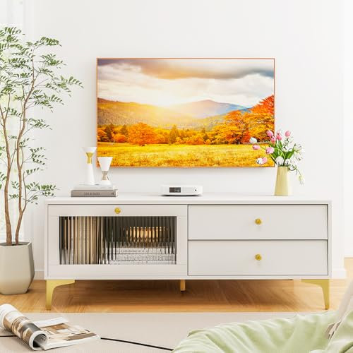 GIANTEX TV-Schrank TV-Board, Fernsehschrank Fernsehtisch TV Ständer für Fernseher bis zu 55 Zoll, Lowboard TV Kommode mit 2 Schubladen & aufklappbarer Tür aus gehärtetem Glas, TV-Regal 120x62x46 cm