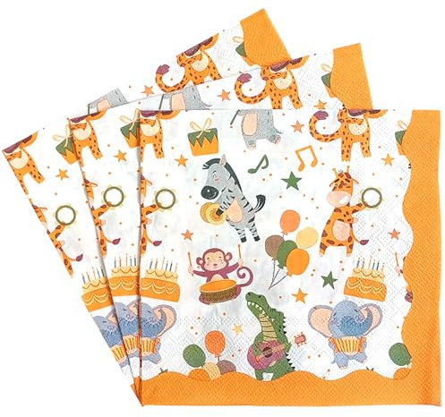 Ovanda 20 Stück Bunte Party Motiv Tiere Servietten (33 x 33 cm), Animals Servietten Kindergeburtstag, Servietten Dschungel,Tischdeko,Papierserviette Zootiere,Papierserviette Tiere,Waldtiere Geburtstag