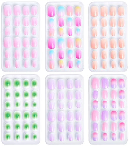 144 Stück Mädchen Fingernägel, Nägel Zum Aufkleben für Kinder Gradient Design Selbstklebende Kurze Kindernägel Set - Aufdrücken Nägel Vollabdeckung Nagelspitzen Nagelkunst Dekoration Geschenk (Set C)