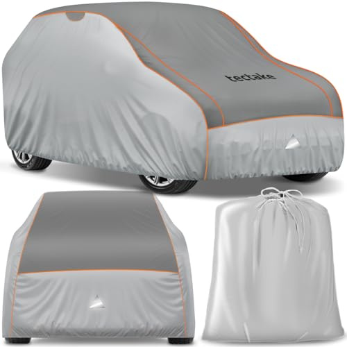 tectake® Funda para Coche Exterior, Impermeable y Transpirable, Lona para Coche Antigranizo, con Reflectores y Bolsa Almacenamiento, Compatible con Muchos Modelos - Tamaño SUV/Van Pequeña
