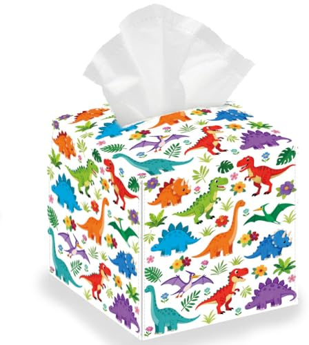DELORIGIN Quadratische Taschentuchbox Mit Dinosaurier Motiv wasserdichte Leder Papierhandtuchhülle Behälter Organizer Abdeckung Für Schlafzimmer Büro Auto 13 x 13 x 13cm