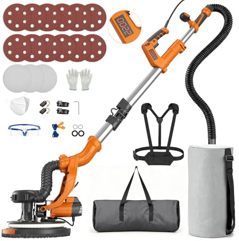 Protmex Drywall Sander, 1000W Wall Sander with Vacuum Dust Collection and LED Light, 6 Speed 800-2200RPM 15Pcs Sanding Discs Foldable Extendable Electric Sanding Machine for Walls Popcorn Ceiling