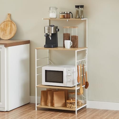 CASABEL Meuble Cuisine avec 4 étagères en Bois et Cadre métal Blanc, 60x40x123 cm, Meuble de Rangement Gain de Place pour Micro-Ondes et ustensiles