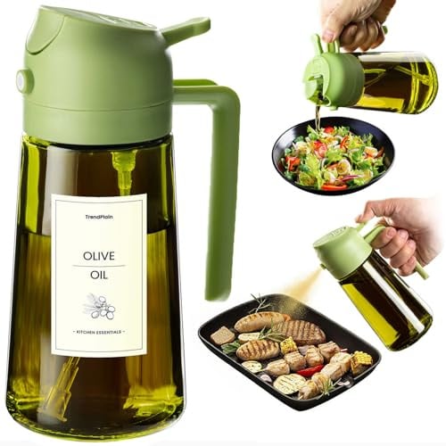 TrendPlain 16oz Ölsprüher für Speiseöl – 470ml Olivenöl Flasche – 2-in-1 Ölspender und Ölsprüher – Küchen Gadgets für Kochen, Salat und Grill (Grün-1)