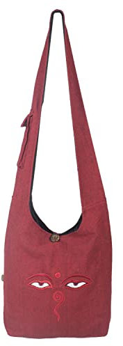 Vishes - Umhängetasche aus handgewebter Baumwolle mit Eyes of Buddha Stickerei dunkelrot
