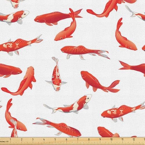 ABAKUHAUS Koi Fisch Gewebe als Meterware, Asiatische Glückssymbol, Dicht Gewebter Stoff zum Nähen Polster Wohnaccessoires, 3M (148x300cm), Zinnoberrot und Weiß