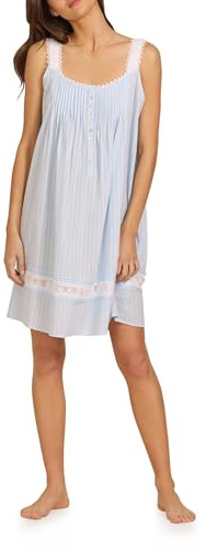 Eileen West Sleepwear & Loungewear for Women – Madison Chemise 100% Cotton Woven Dobby Stripe Lightweight Sleeveless Short Nightgown House Dress with Lace Trim Night Gown, Blue, M