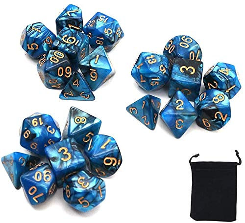 DollaTek Polyhedral Dice Set Tischspiele Würfel 3 Sets Würfel 3 x 7 (21 Stück) Würfel Serie D20 D12 D10 D8 D6 D4 DND Würfel DND RPG MTG Doppelfarben Einteilig (Schwarz und Blau)